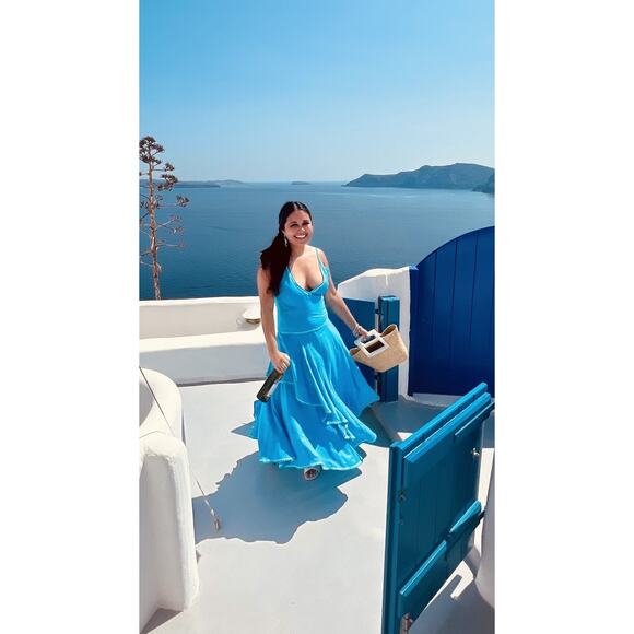 ESTEBAN CORTAZAR COLLECTIVE Aqua Hourglass White Stitch Midi Dress Size Medium - Picture 15 of 15